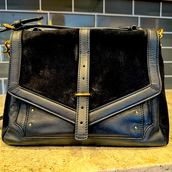 Tory Burch Navy with Gold, Suede Leather, Flap Detachable Strap Shoulder Purse - Picture 1 of 7